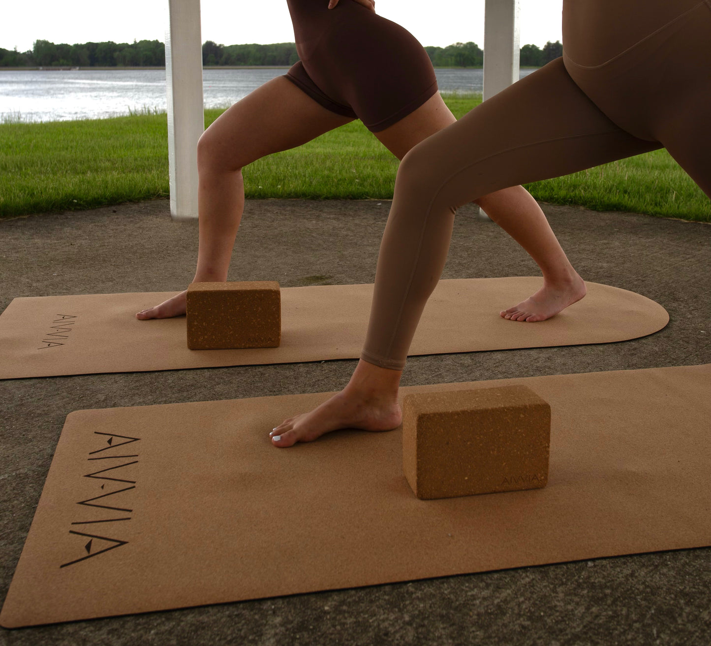 Close-up of a yoga pose using cork yoga blocks under the hands for balance.