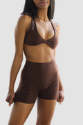Aivvia Athletics matching set with focus on high-waisted chocolate brown shorts built for comfort, support, and movement.