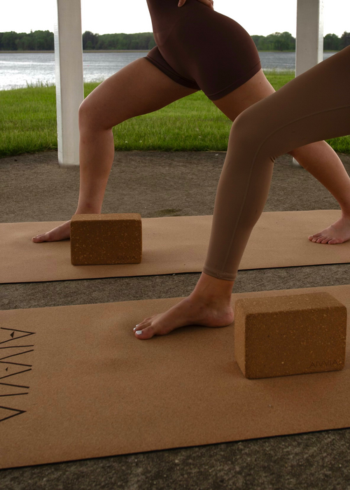 Close-up of a yoga pose using cork yoga blocks under the hands for balance.