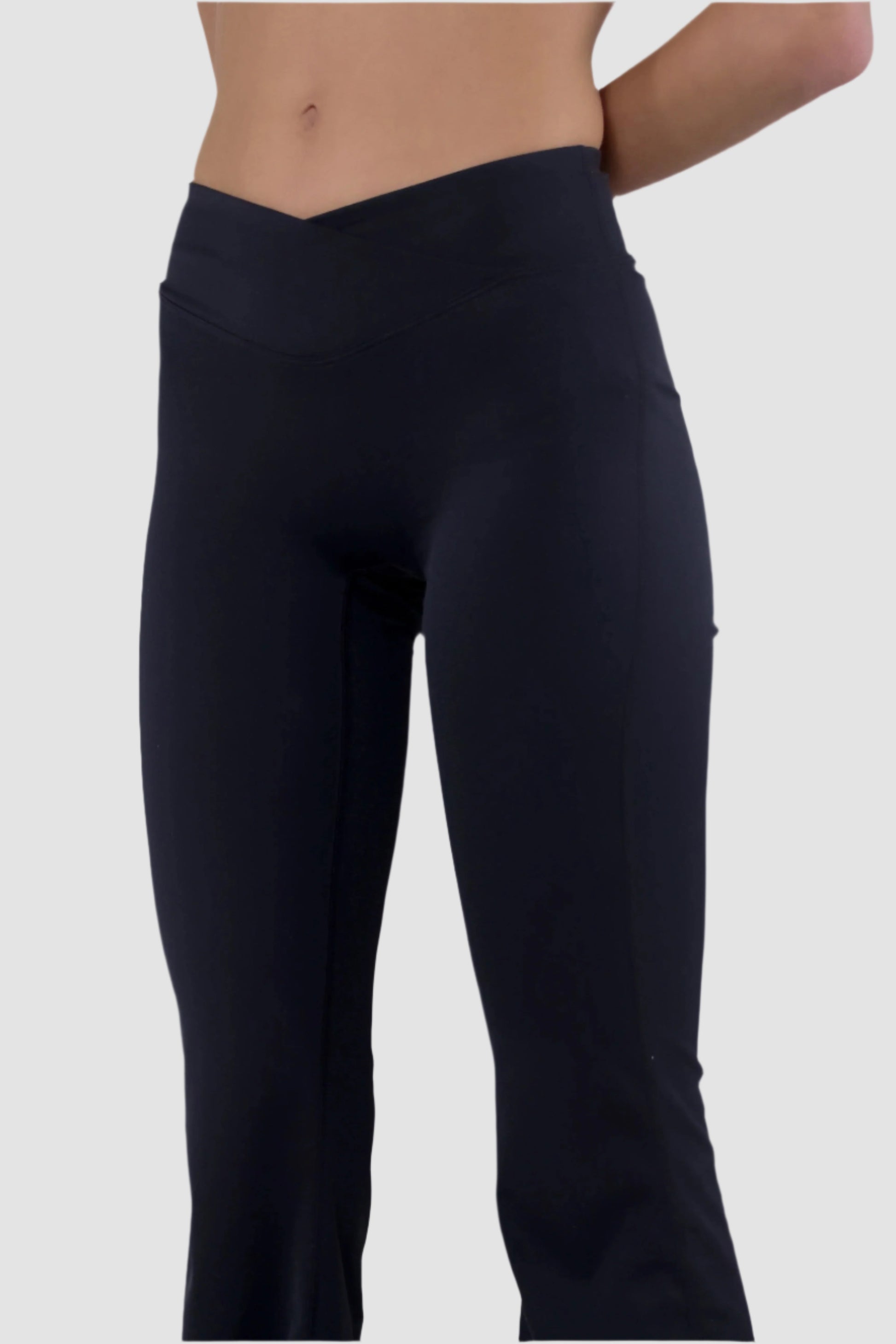 Angled front view of black Aivvia Athletics high-rise flare yoga pants, women’s bootcut fitness bottoms.