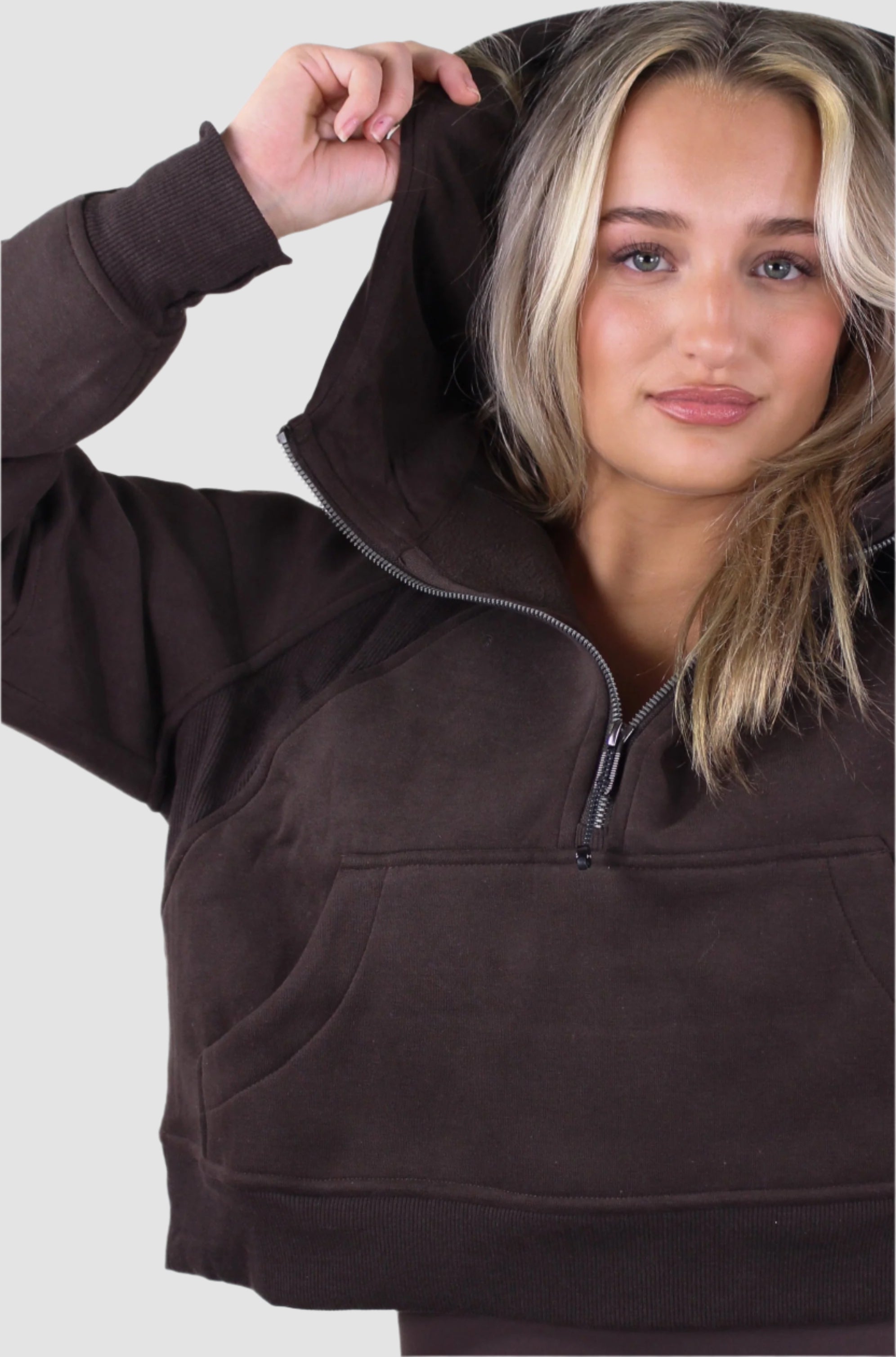 Sporty women's brown cropped quarter zip hoodie from Aivvia Athletics, hooded, comfortable fitness apparel.