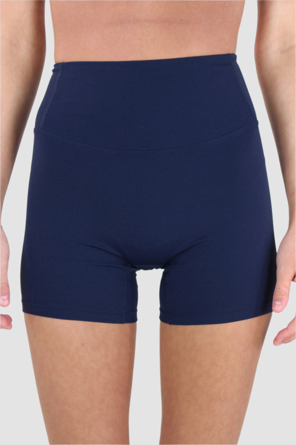 Navy Aivvia Athletics high-waisted athletic shorts with wide waistband and minimal seams.