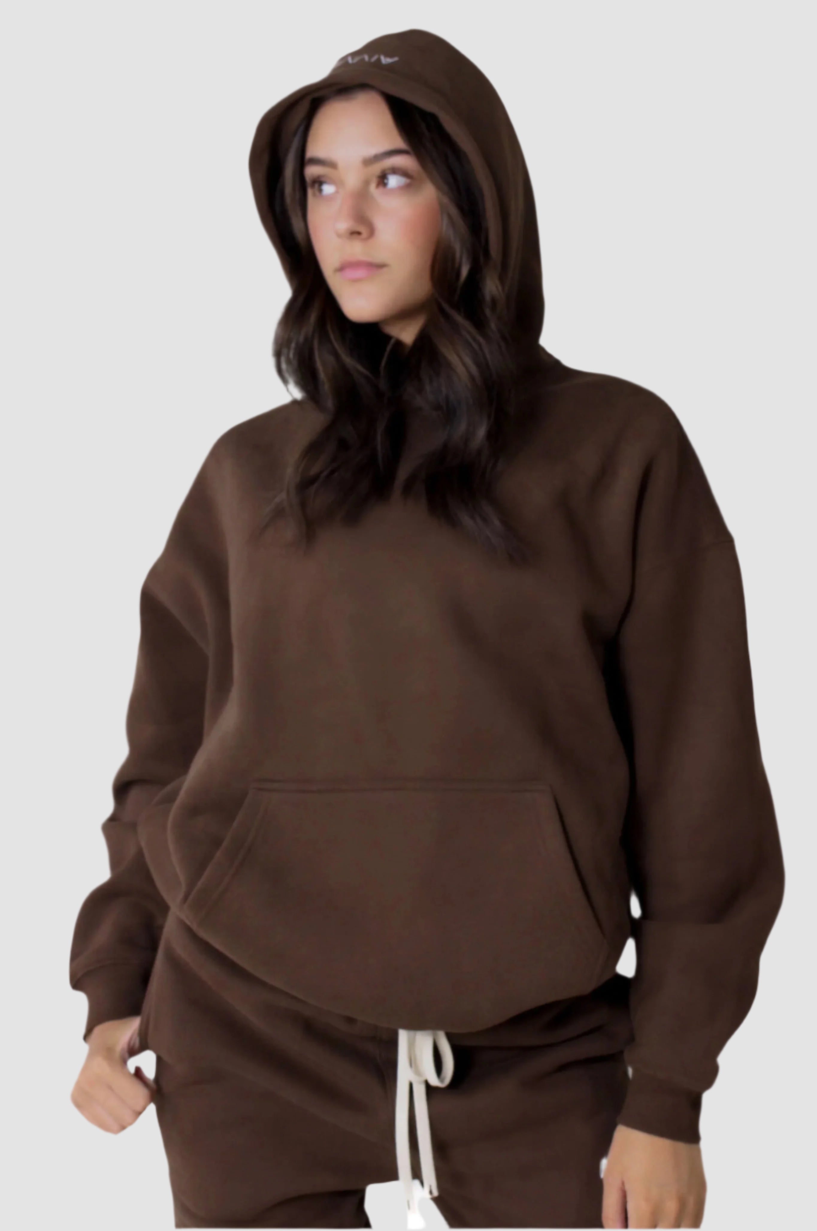 Deep chocolate Aivvia Athletics hoodie with drawstring waist; cozy, minimalist streetwear meets performance comfort.