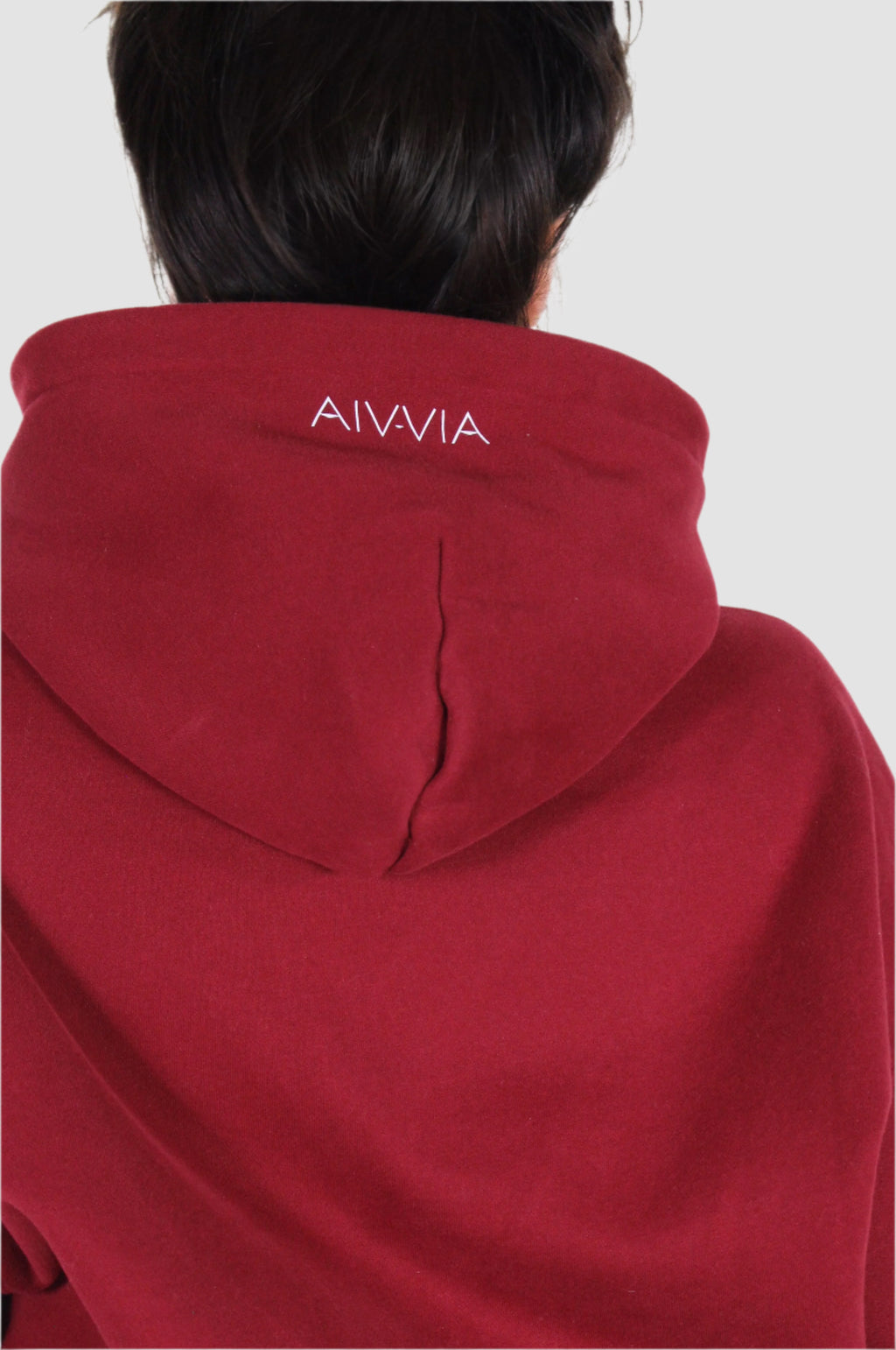 Close-up hood detail of Aivvia Athletics red hoodie, premium women’s sportswear design.