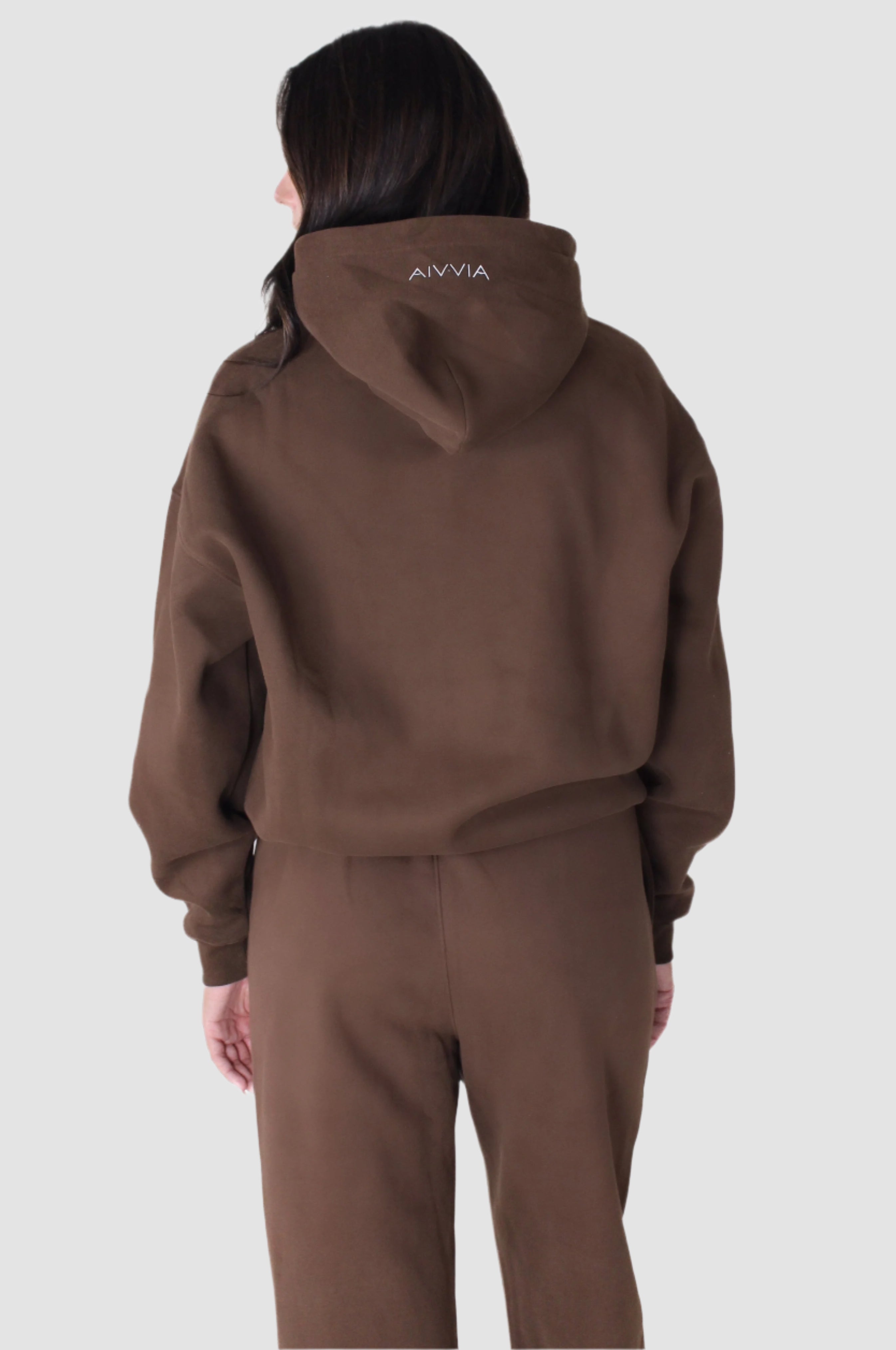 Back view of brown Aivvia Athletics sweatpants, relaxed fit women’s joggers for lounge and activewear.