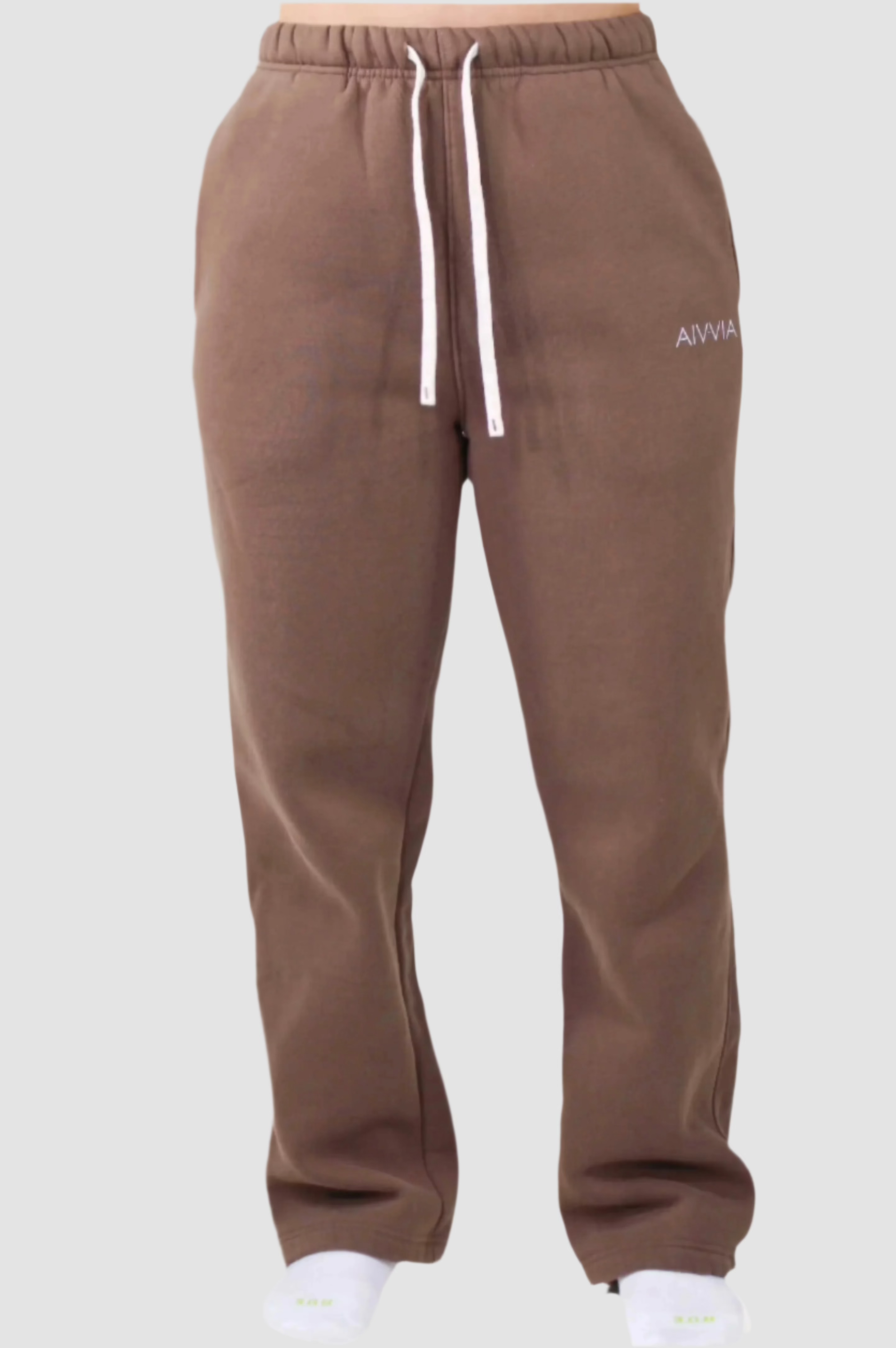 Taupe Aivvia Athletics sweatpants with drawstring closure and cuffed hems; elevated comfort for daily movement.