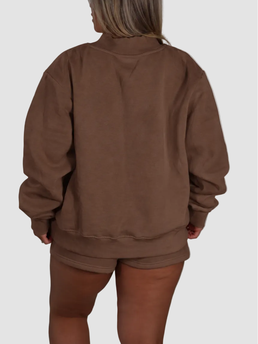 AIVVIA Athletics ASPEN Mock Neck Sweatshirt in True Brown, oversized fleece sweatshirt
